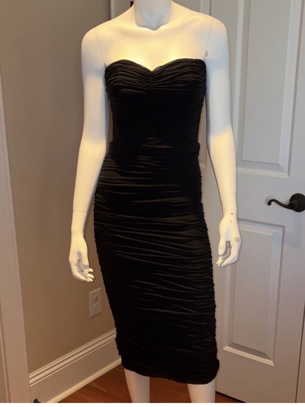 Ruched Strapless Midi Dress in Black Like New
